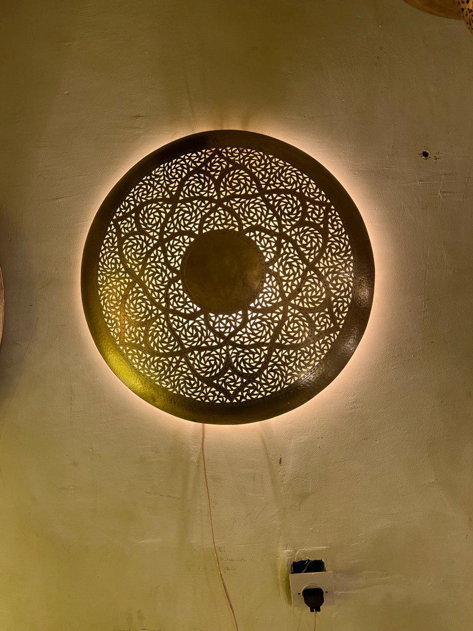 Moroccan Brass Round Wall Lamp | Handmade Oriental Light Fixture | Boho Rustic Wall Sconce | Vintage Shadow Wall Decor Morocco Brass lantern