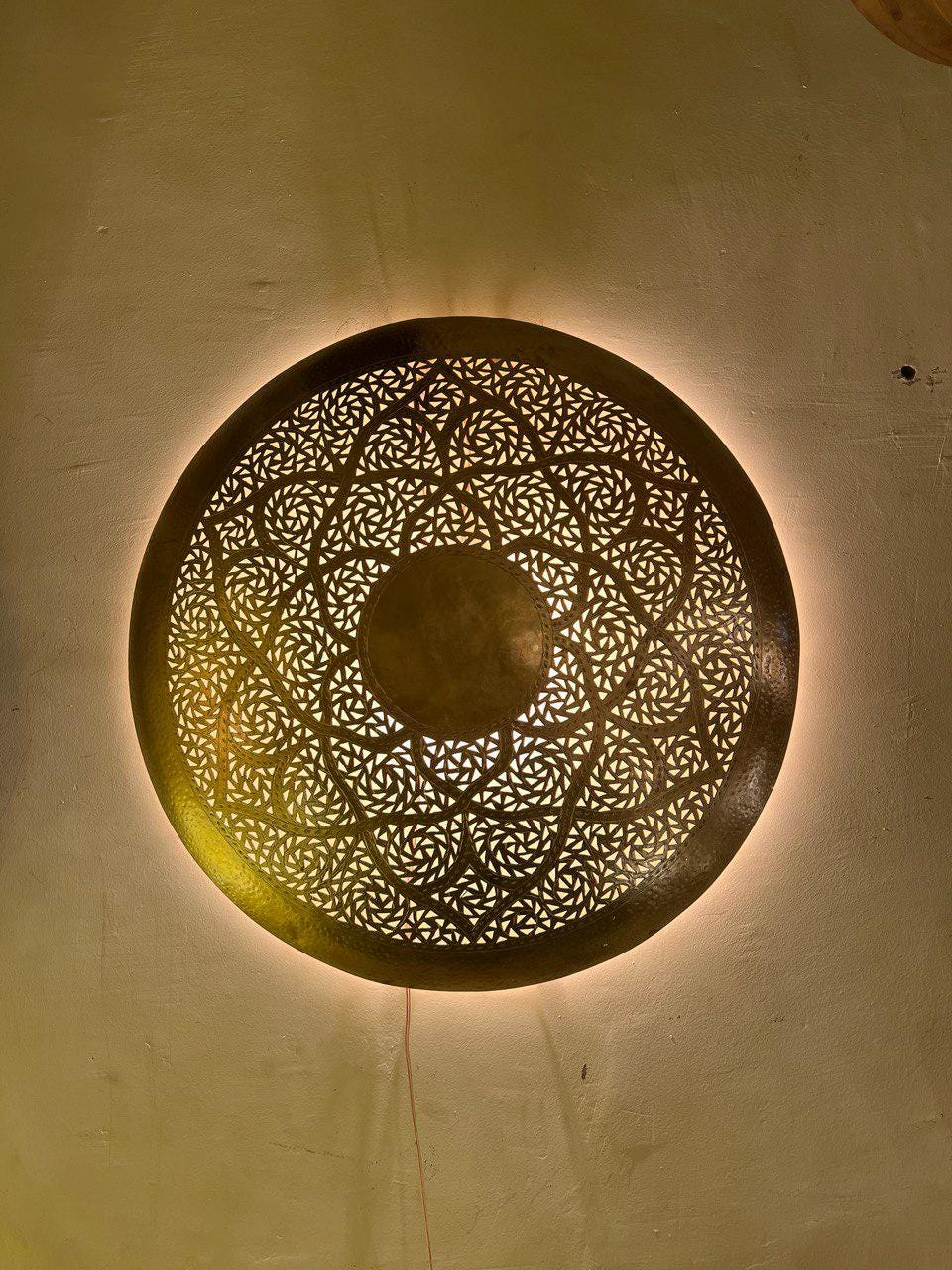 Moroccan Brass Round Wall Lamp | Handmade Oriental Light Fixture | Boho Rustic Wall Sconce | Vintage Shadow Wall Decor Morocco Brass lantern