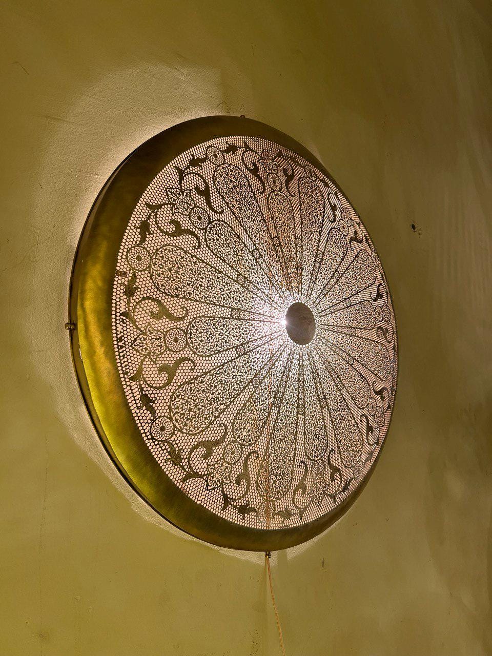 Moroccan Brass Round Wall Lamp | Handmade Oriental Light Fixture | Boho Rustic Wall Sconce | Vintage Shadow Wall Decor Morocco Brass lantern