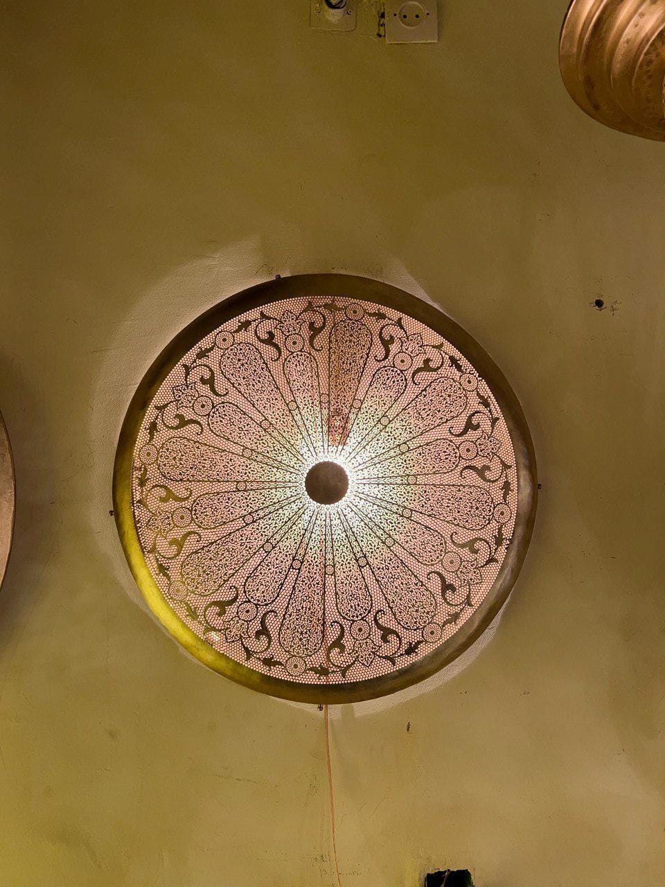 Moroccan Brass Round Wall Lamp | Handmade Oriental Light Fixture | Boho Rustic Wall Sconce | Vintage Shadow Wall Decor Morocco Brass lantern