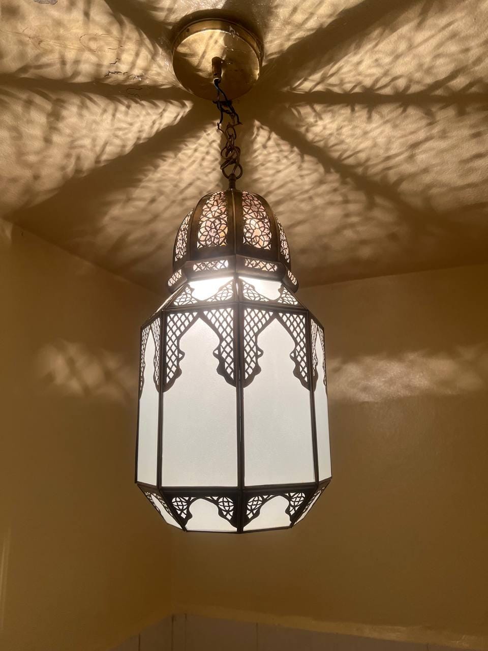 Moroccan Milky Glass Pendant Light | White Glass Chandelier | Elegant Filigree Suspension Lamp | Boho Ceiling Lighting