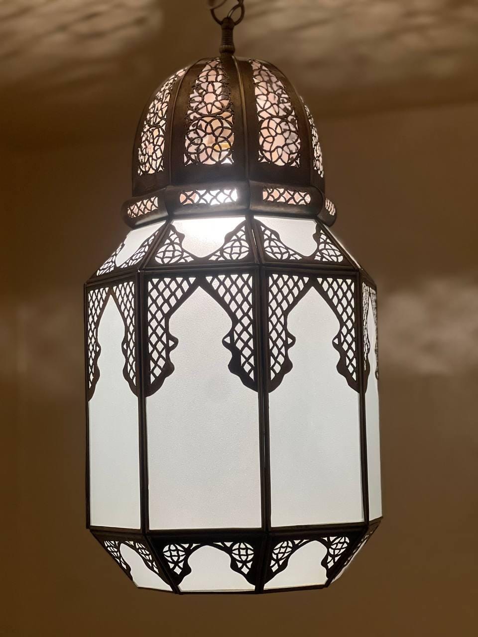 Moroccan Milky Glass Pendant Light | White Glass Chandelier | Elegant Filigree Suspension Lamp | Boho Ceiling Lighting