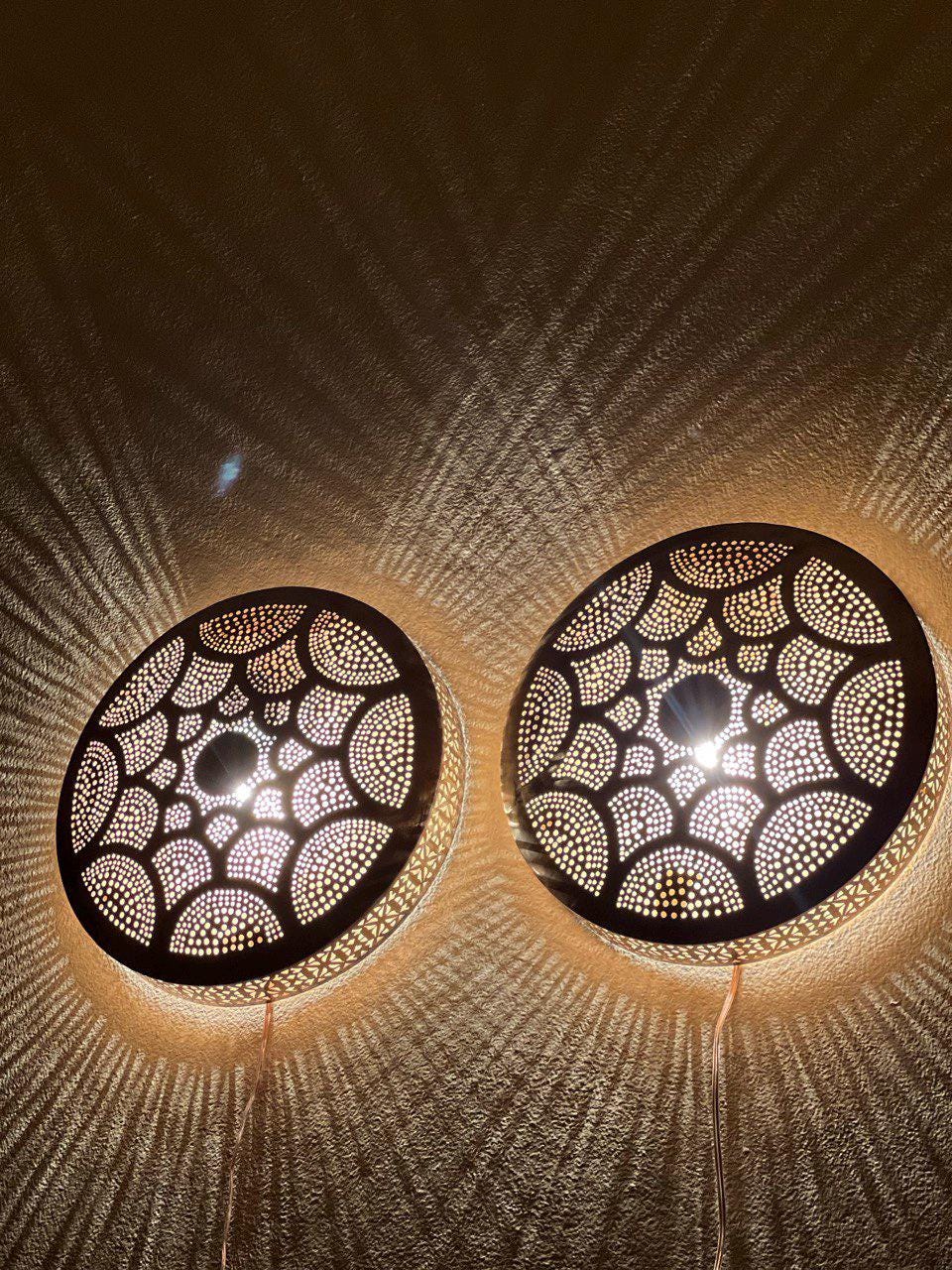 Handmade Moroccan Brass Wall Sconce | Boho Shadow Light Fixture | Rustic Oriental Wall Lamp | Pierced Brass Lighting Decor