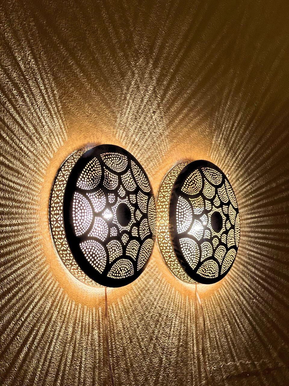 Handmade Moroccan Brass Wall Sconce | Boho Shadow Light Fixture | Rustic Oriental Wall Lamp | Pierced Brass Lighting Decor