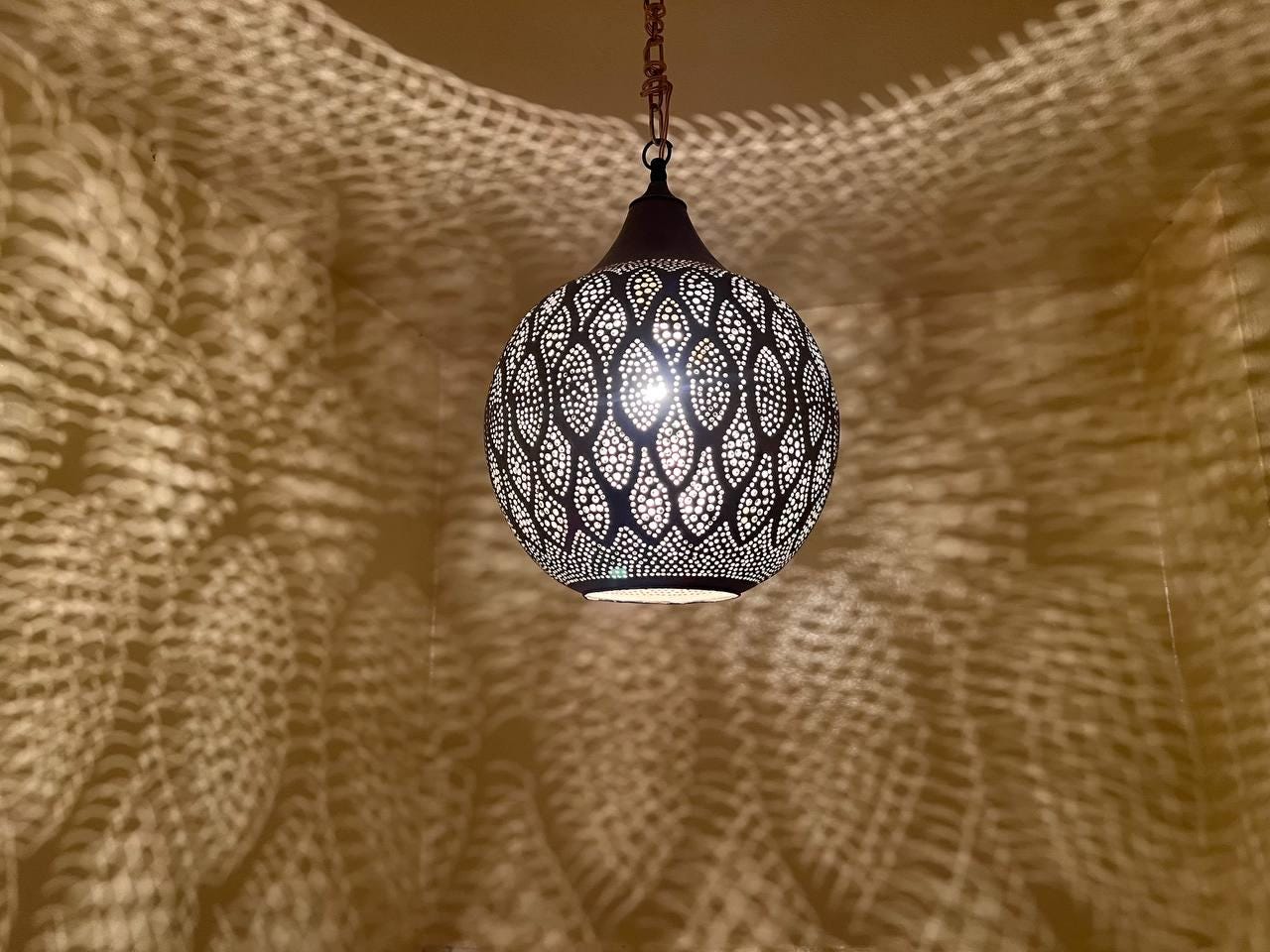 Handmade Moroccan Brass Pendant Light: Boho Shadow Chandelier