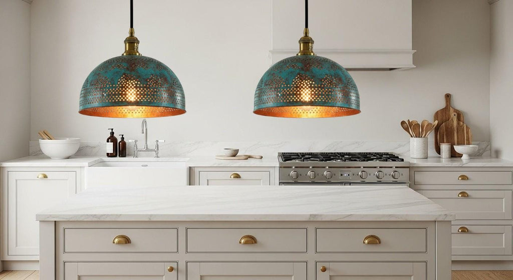 Handamde Blue Patina Lighting ,Brass Ceiling Dome Pendant Lamp , Brass Hanging Dome Lamp , Kitchen Island Lighting,Hammered Light,Boho Light