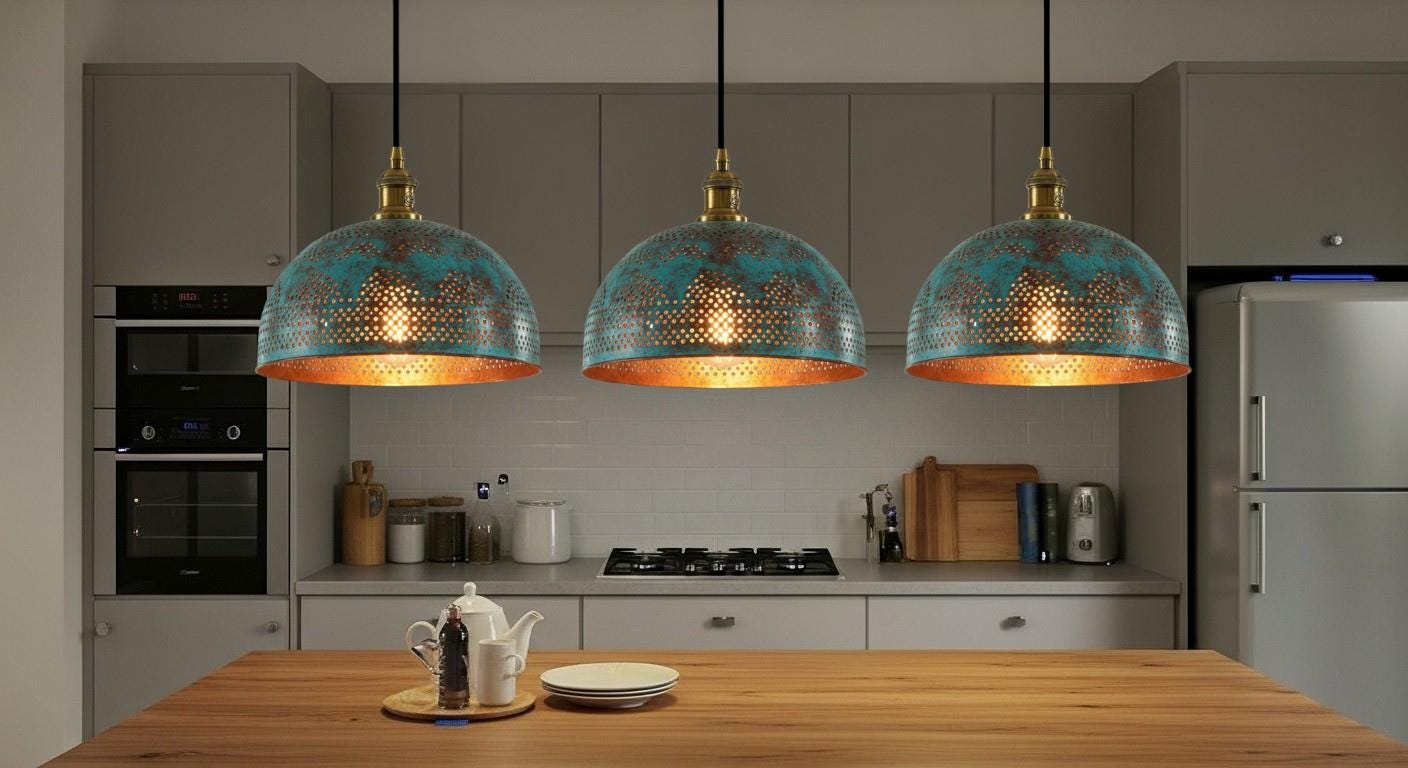 Handamde Blue Patina Lighting ,Brass Ceiling Dome Pendant Lamp , Brass Hanging Dome Lamp , Kitchen Island Lighting,Hammered Light,Boho Light