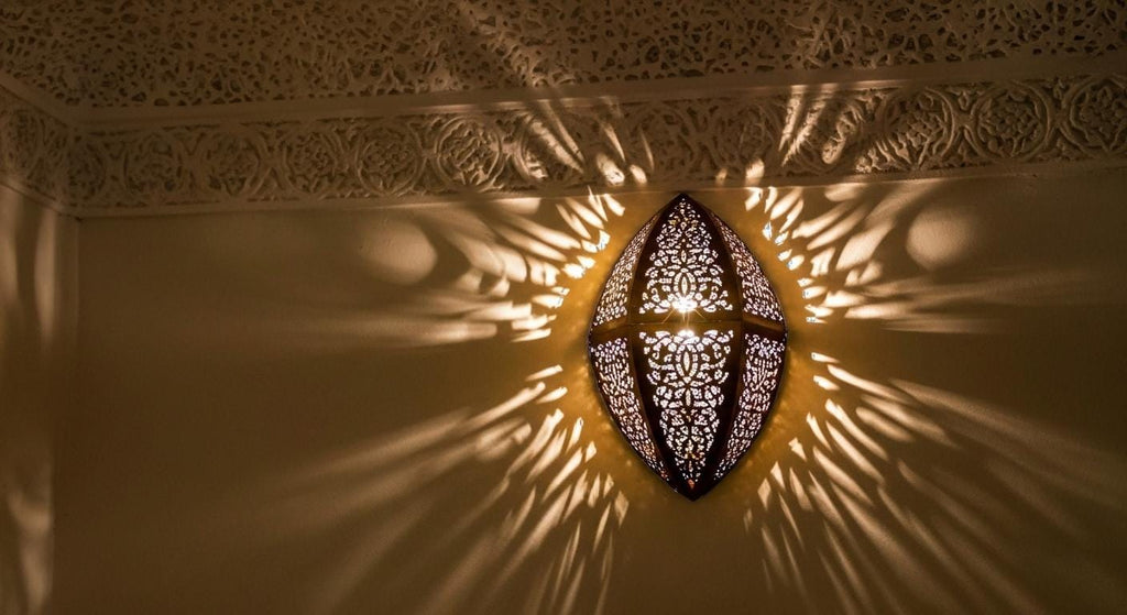 Handmade Moroccan Brass Wall Sconce: Geometric Lace Light