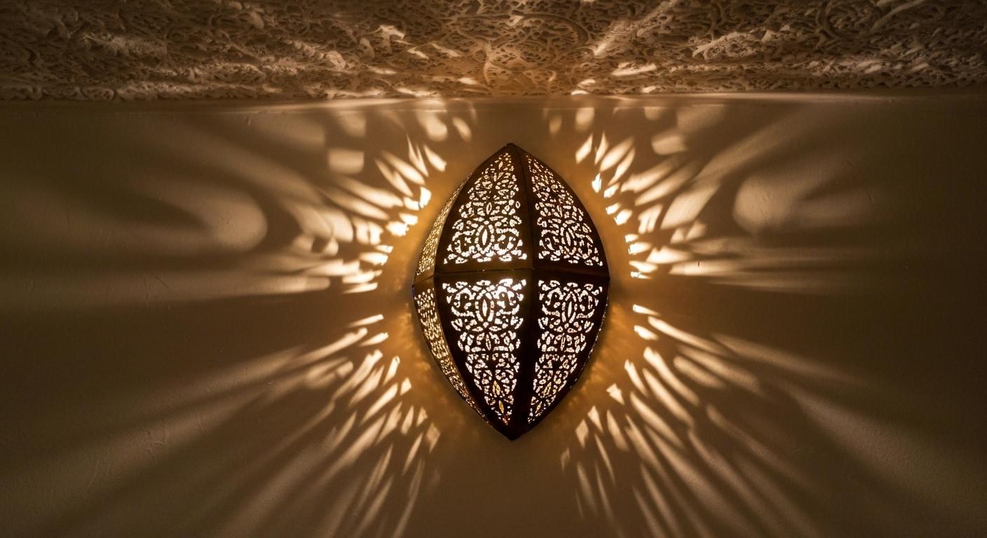 Handmade Moroccan Brass Wall Sconce: Geometric Lace Light