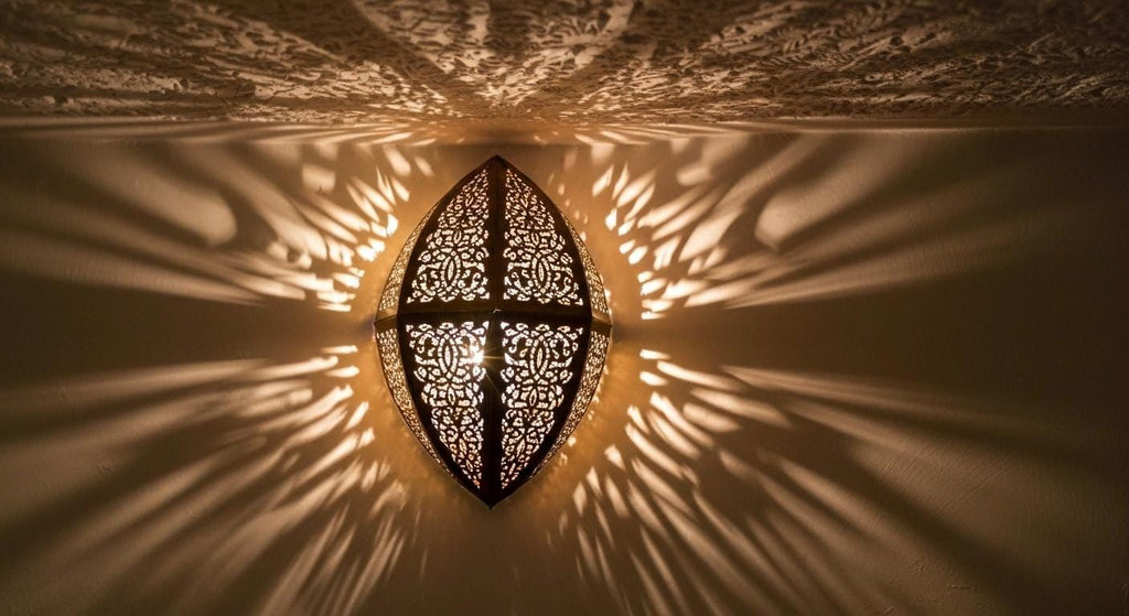 Handmade Moroccan Brass Wall Sconce: Geometric Lace Light