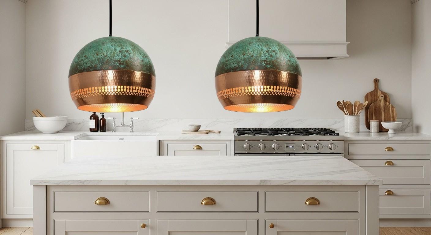 Green Patina Copper Dome Pendant Light ,Copper Hanging Light ,Dome Lampshades,Farmhouse light,Kitchen Island Light,Rustic Farmhouse Lighting
