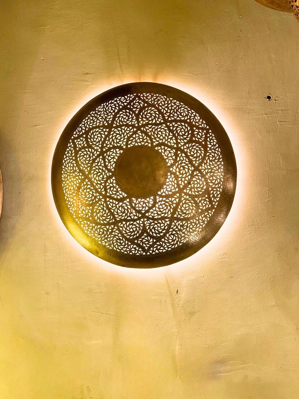 Moroccan Brass Round Wall Lamp | Handmade Oriental Light Fixture | Boho Rustic Wall Sconce | Vintage Shadow Wall Decor Morocco Brass lantern