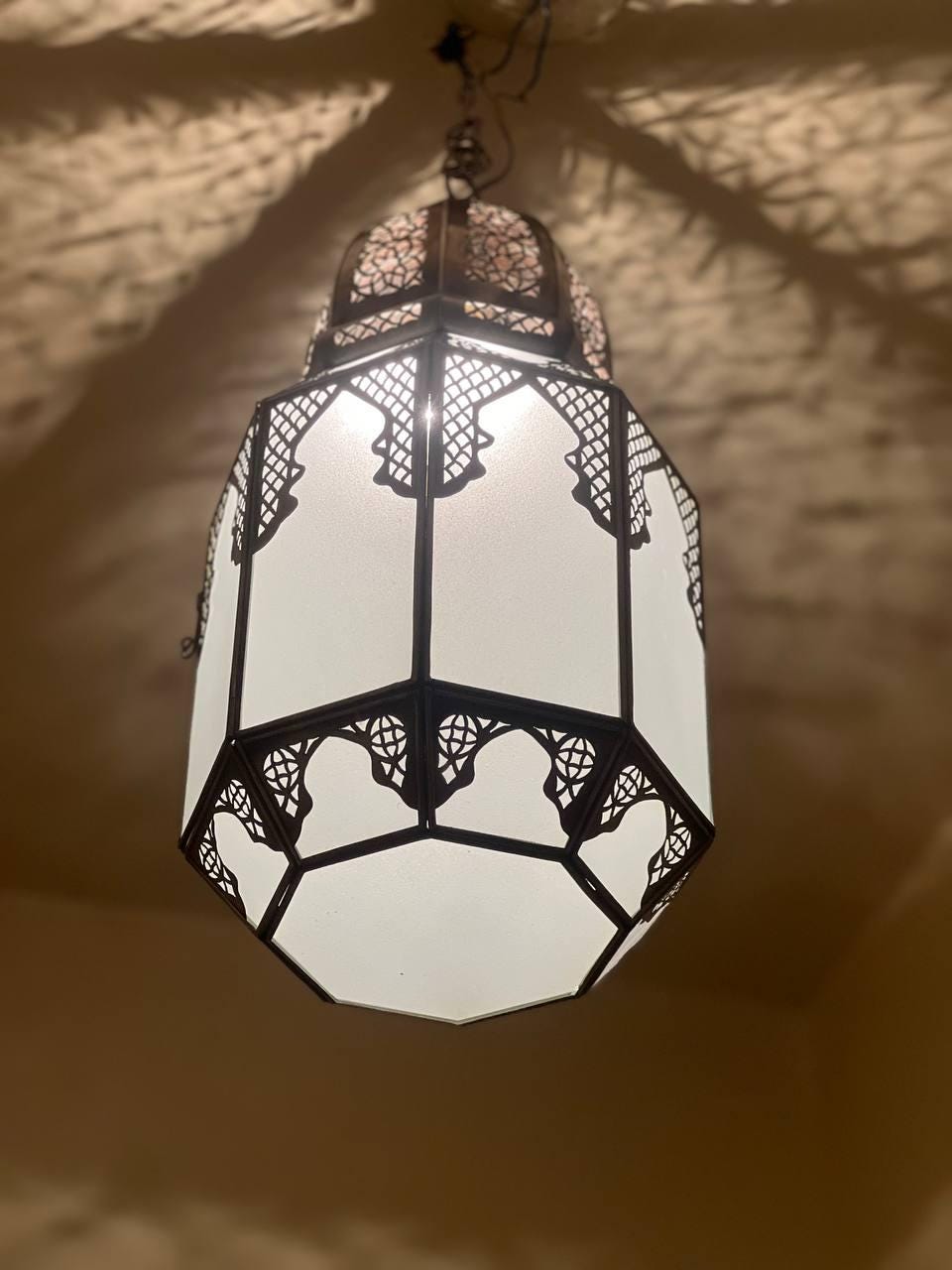 Moroccan Milky Glass Pendant Light | White Glass Chandelier | Elegant Filigree Suspension Lamp | Boho Ceiling Lighting