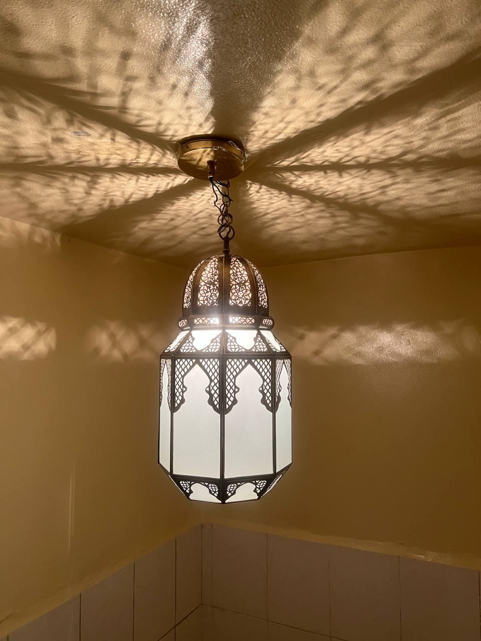 Moroccan Milky Glass Pendant Light | White Glass Chandelier | Elegant Filigree Suspension Lamp | Boho Ceiling Lighting