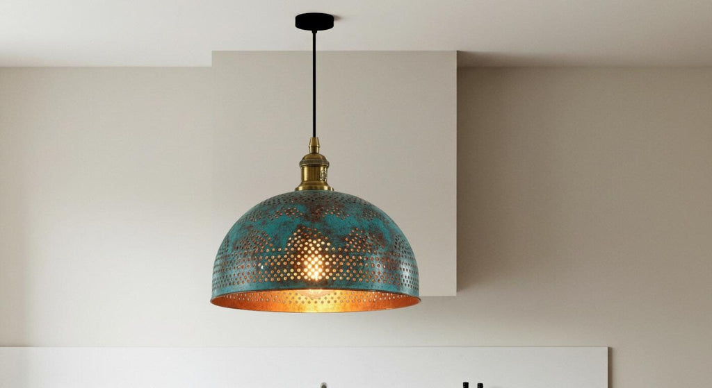 Handamde Blue Patina Lighting ,Brass Ceiling Dome Pendant Lamp , Brass Hanging Dome Lamp , Kitchen Island Lighting,Hammered Light,Boho Light