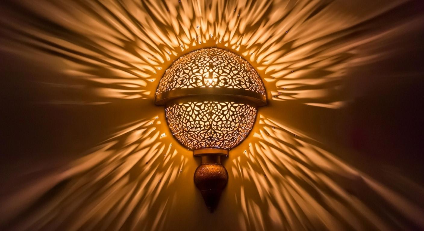 Handmade Moroccan Brass Wall Sconce: Geometric Lace Light