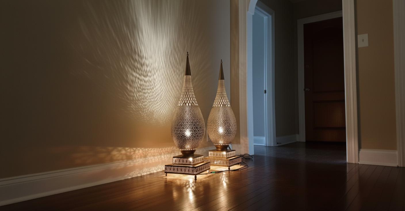 Handmade Moroccan Brass Floor Lamp   Moroccan Art Lamp – Tall Teardrop Floor Light – Handcrafted Shadow Lamp for Home Decor