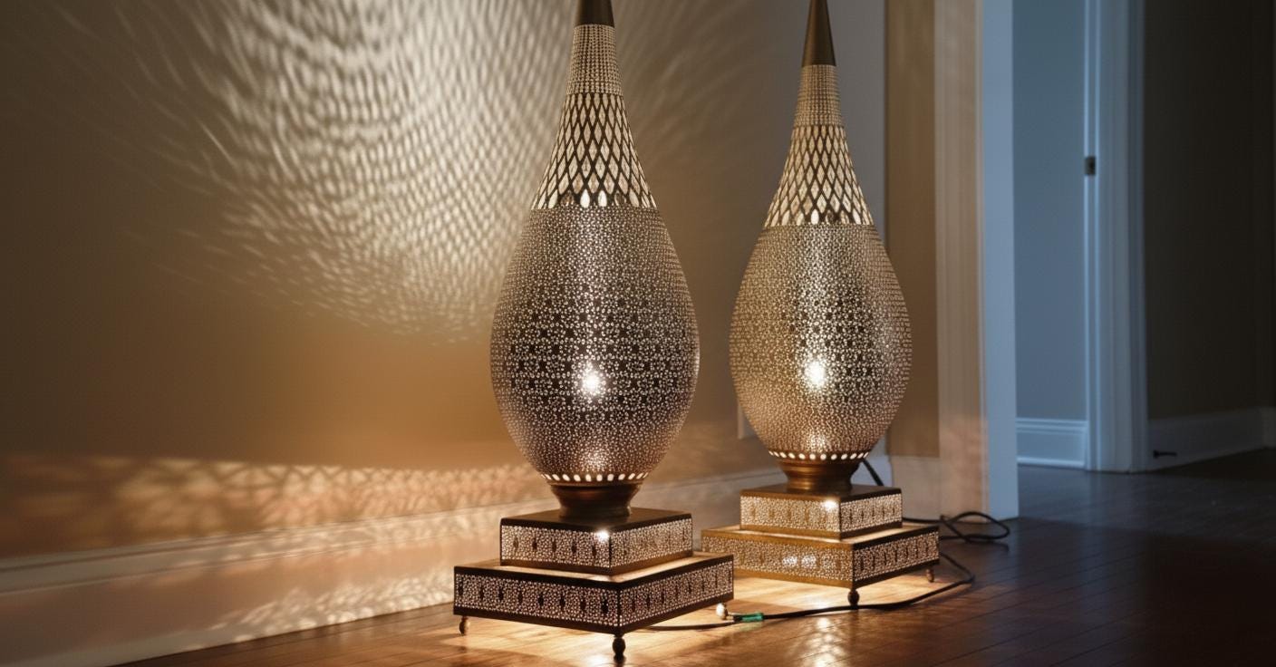 Handmade Moroccan Brass Floor Lamp   Moroccan Art Lamp – Tall Teardrop Floor Light – Handcrafted Shadow Lamp for Home Decor