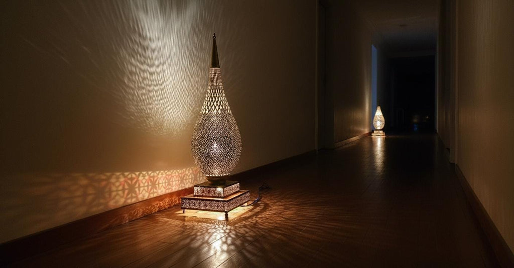 Handmade Moroccan Brass Floor Lamp   Moroccan Art Lamp – Tall Teardrop Floor Light – Handcrafted Shadow Lamp for Home Decor