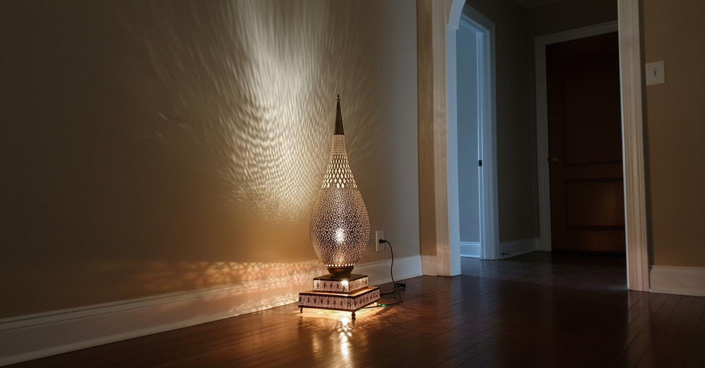 Handmade Moroccan Brass Floor Lamp   Moroccan Art Lamp – Tall Teardrop Floor Light – Handcrafted Shadow Lamp for Home Decor