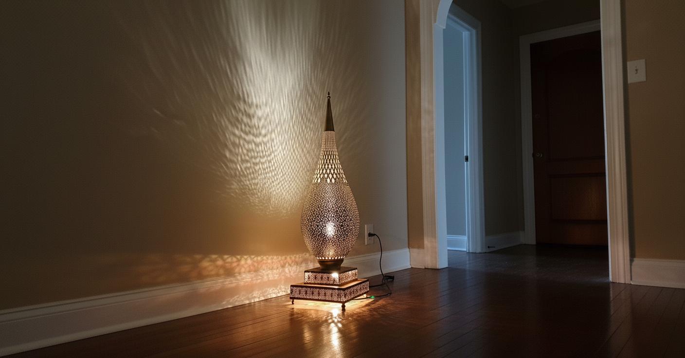 Handmade Moroccan Brass Floor Lamp   Moroccan Art Lamp – Tall Teardrop Floor Light – Handcrafted Shadow Lamp for Home Decor