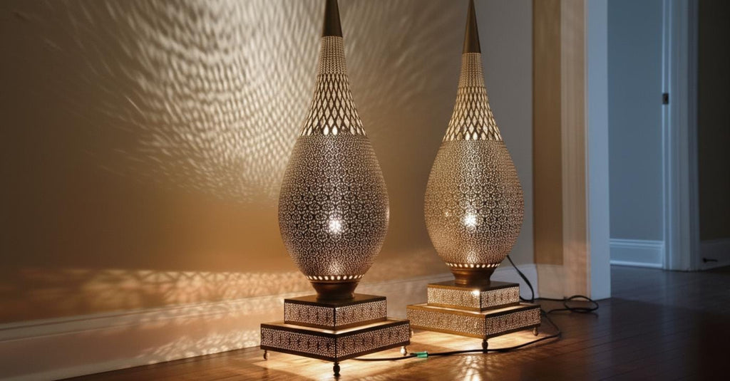 Handmade Moroccan Brass Floor Lamp   Moroccan Art Lamp – Tall Teardrop Floor Light – Handcrafted Shadow Lamp for Home Decor