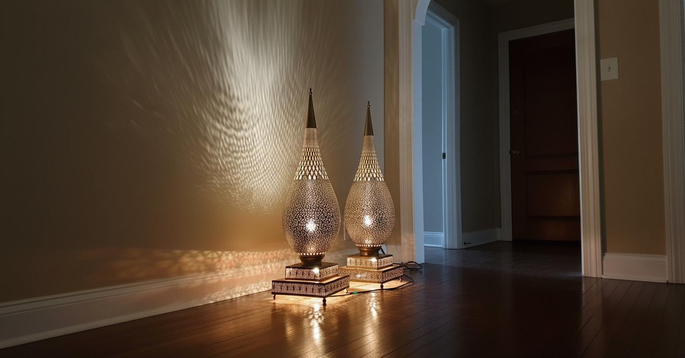 Handmade Moroccan Brass Floor Lamp   Moroccan Art Lamp – Tall Teardrop Floor Light – Handcrafted Shadow Lamp for Home Decor