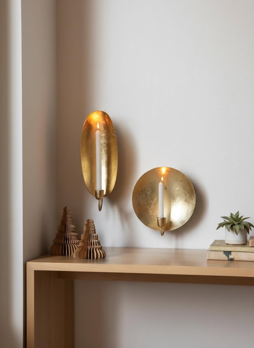 Handmade Moroccan Brass Wall Sconce , Moroccan Brass Candle ,  Gold Leaf Accent ,Round or Oval Gold Leaf Wall Light  Moroccan Boho Lighting