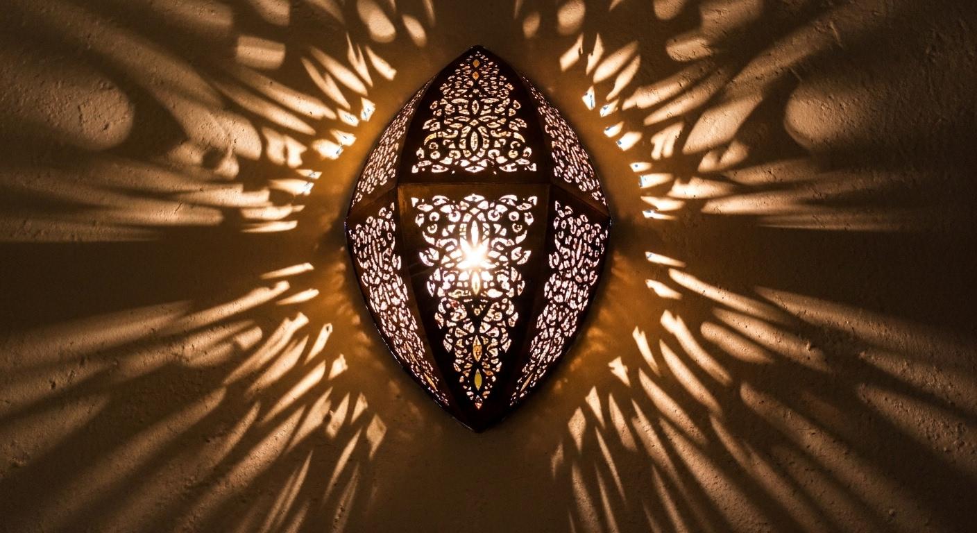Handmade Moroccan Brass Wall Sconce: Geometric Lace Light