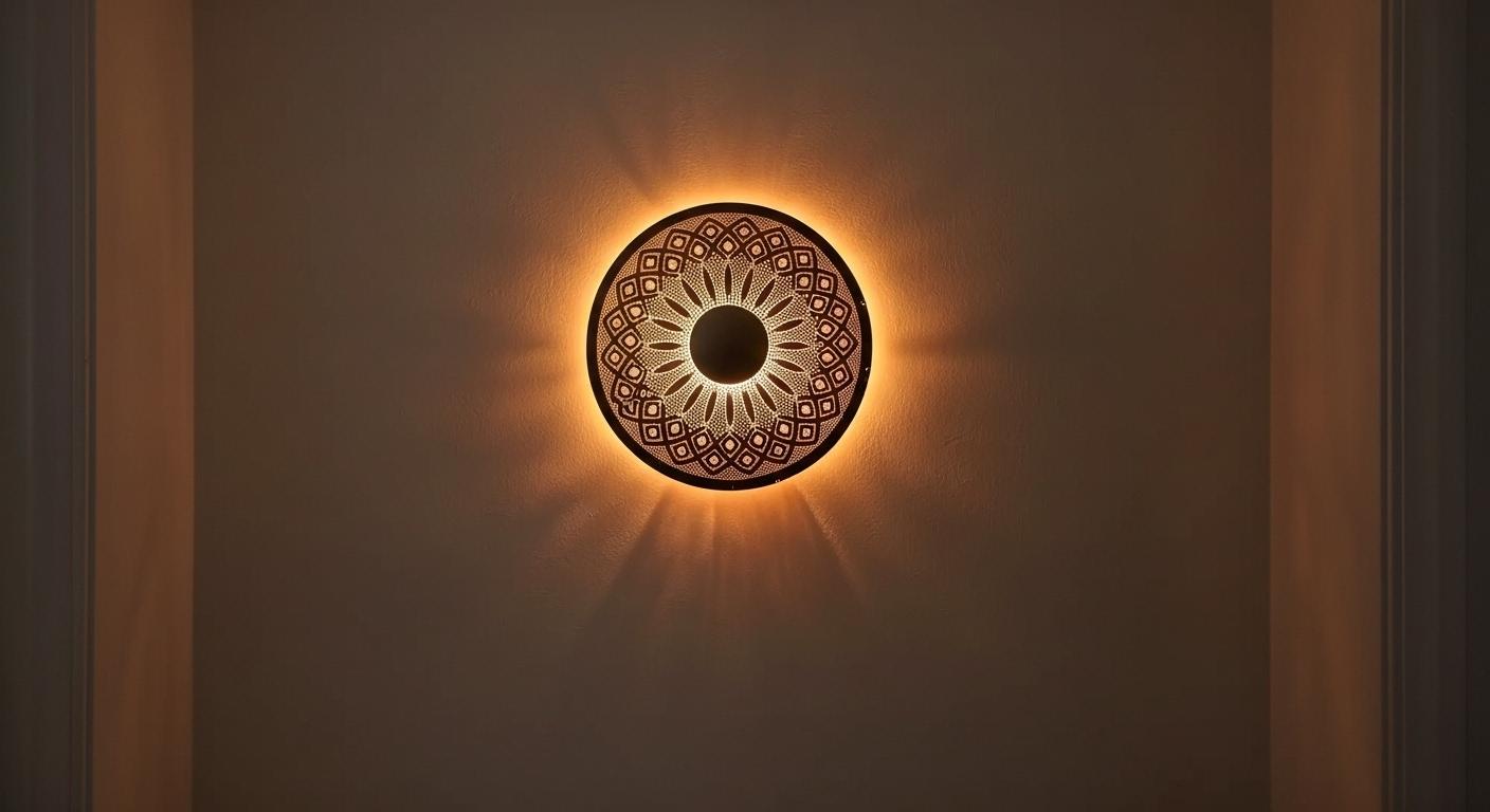 Moroccan Brass Wall Sconce , Moroccan Round Wall sconce , Floral Night Light Lampshade , Marocain Boho Light , Handcrafted Geometric Lamp