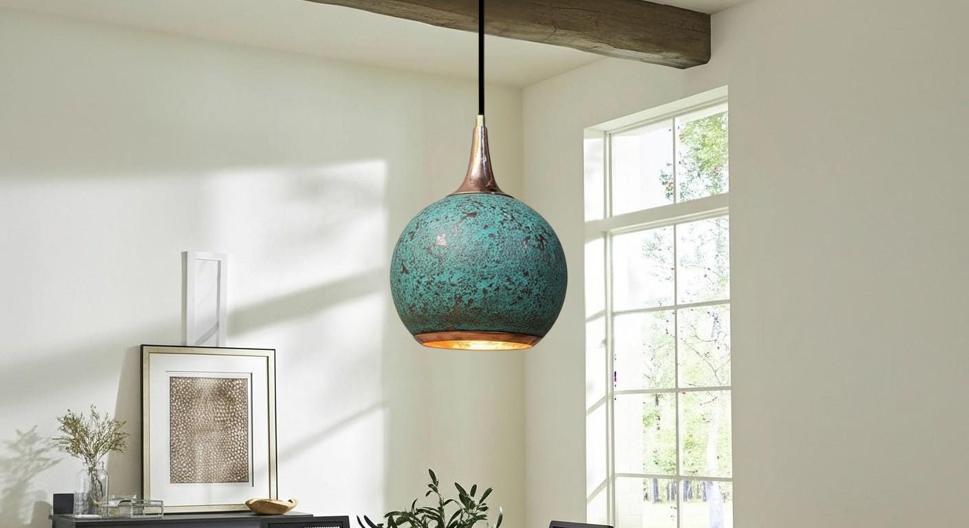 Oxidized Copper Pendant Lamp ,Dome Pendant Light,Green Patina Farmhouse Ceiling Fixture,Handmade Copper Pendant Light,Industrial Lighting