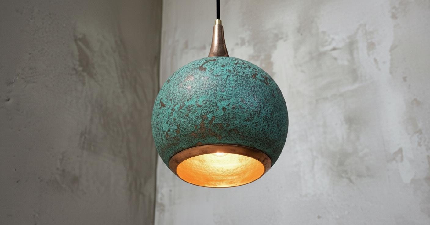 Oxidized Copper Pendant Lamp ,Dome Pendant Light,Green Patina Farmhouse Ceiling Fixture,Handmade Copper Pendant Light,Industrial Lighting