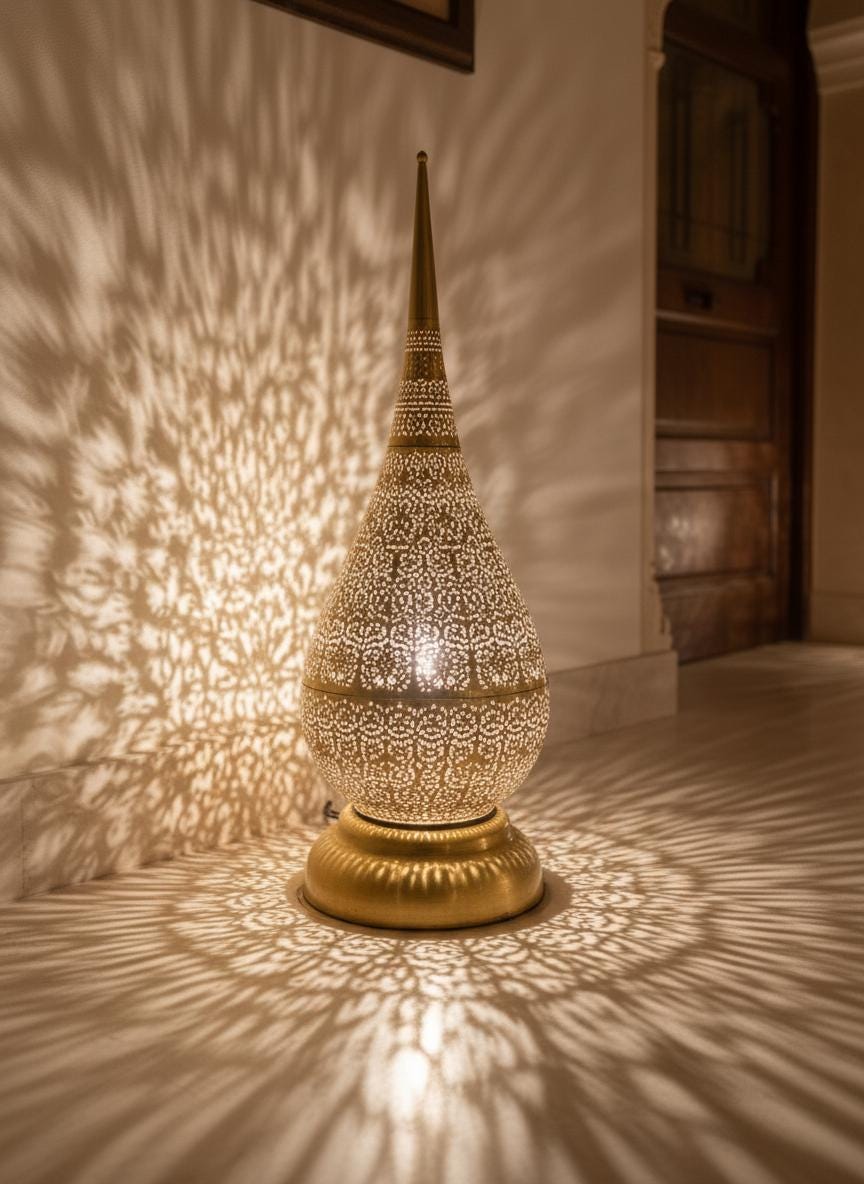 Moroccan Tear Drop Floor Lamp –Handmade Moroccan Lighting –Handmade Brass Filigree Light –hand engraved lampshade–Arabic Pattern Shadow Lamp