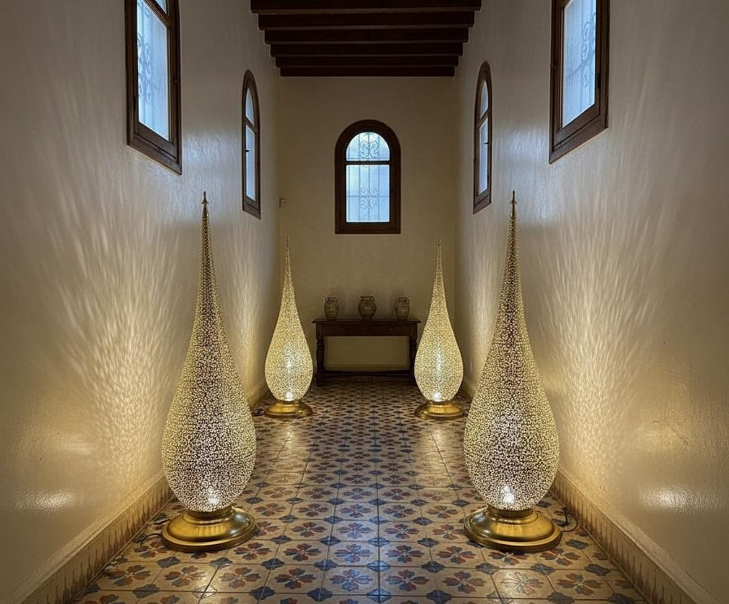 Handmade Moroccan Floor Lamp – Brass Pierced Light – Elegant Teardrop Shape – Handmade Moroccan Lighting – Boho Decor Light Fixture