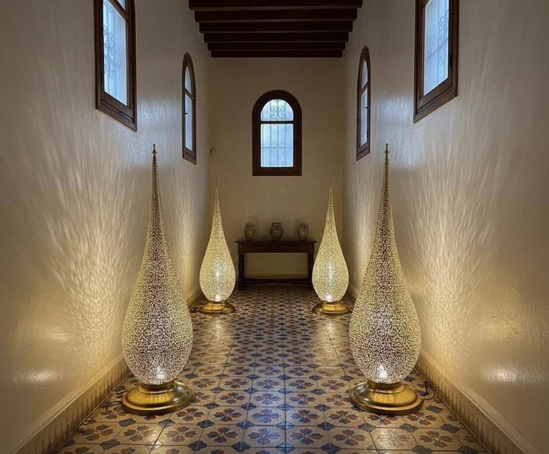 Handmade Moroccan Floor Lamp – Brass Pierced Light – Elegant Teardrop Shape – Handmade Moroccan Lighting – Boho Decor Light Fixture