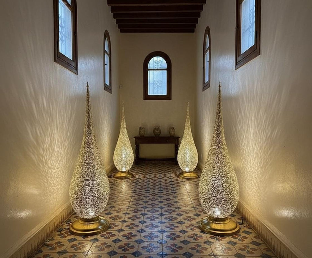 Handmade Moroccan Floor Lamp – Brass Pierced Light – Elegant Teardrop Shape – Handmade Moroccan Lighting – Boho Decor Light Fixture