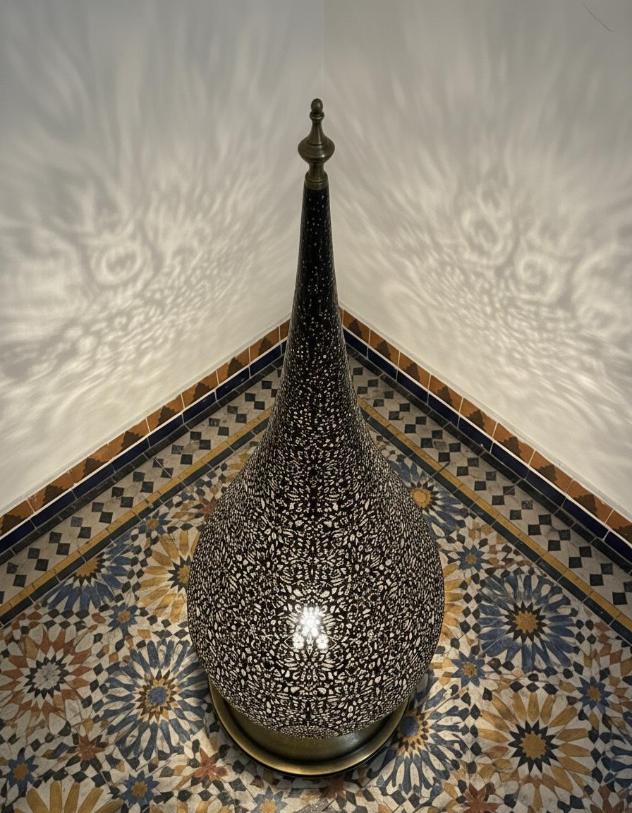 Handmade Brass Moroccan Floor Lamp –Brass Pierced Light – Elegant Teardrop Shape – Handmade Moroccan Lighting – Boho Decor Light Fixture