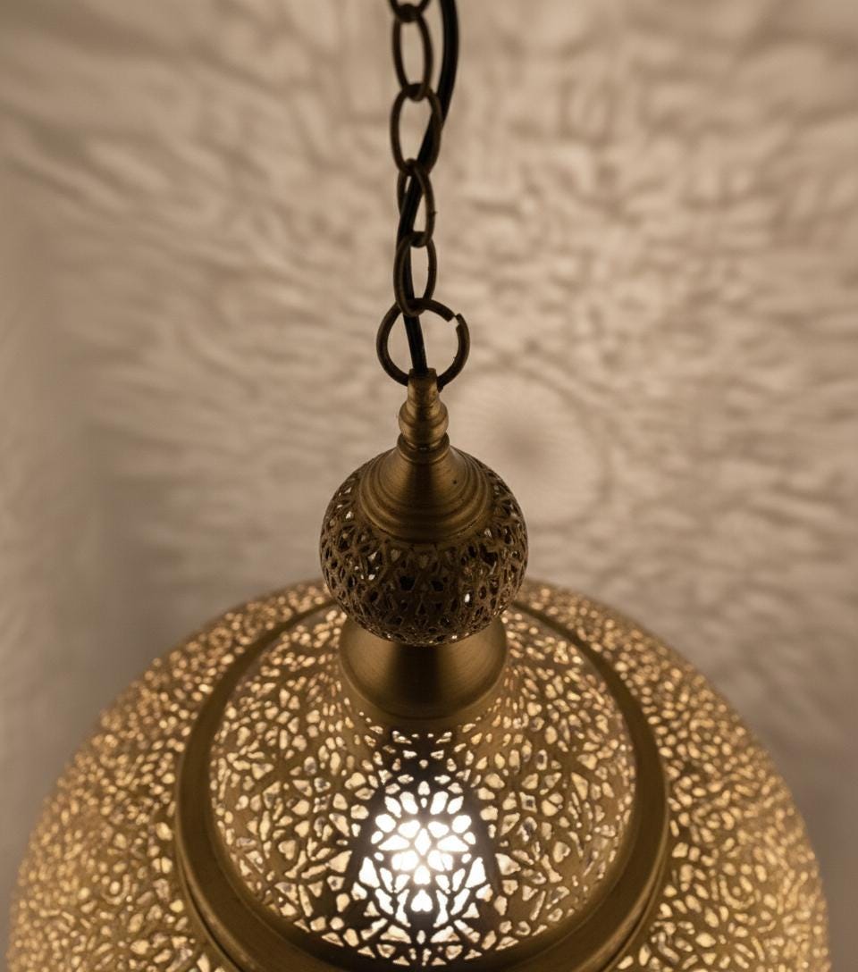 Handmade Moroccan Brass Pendant Light – Boho Hanging Lamp – Unique Ceiling Light for Living Room & Dining Room Decor –Boho Moroccan Lighting