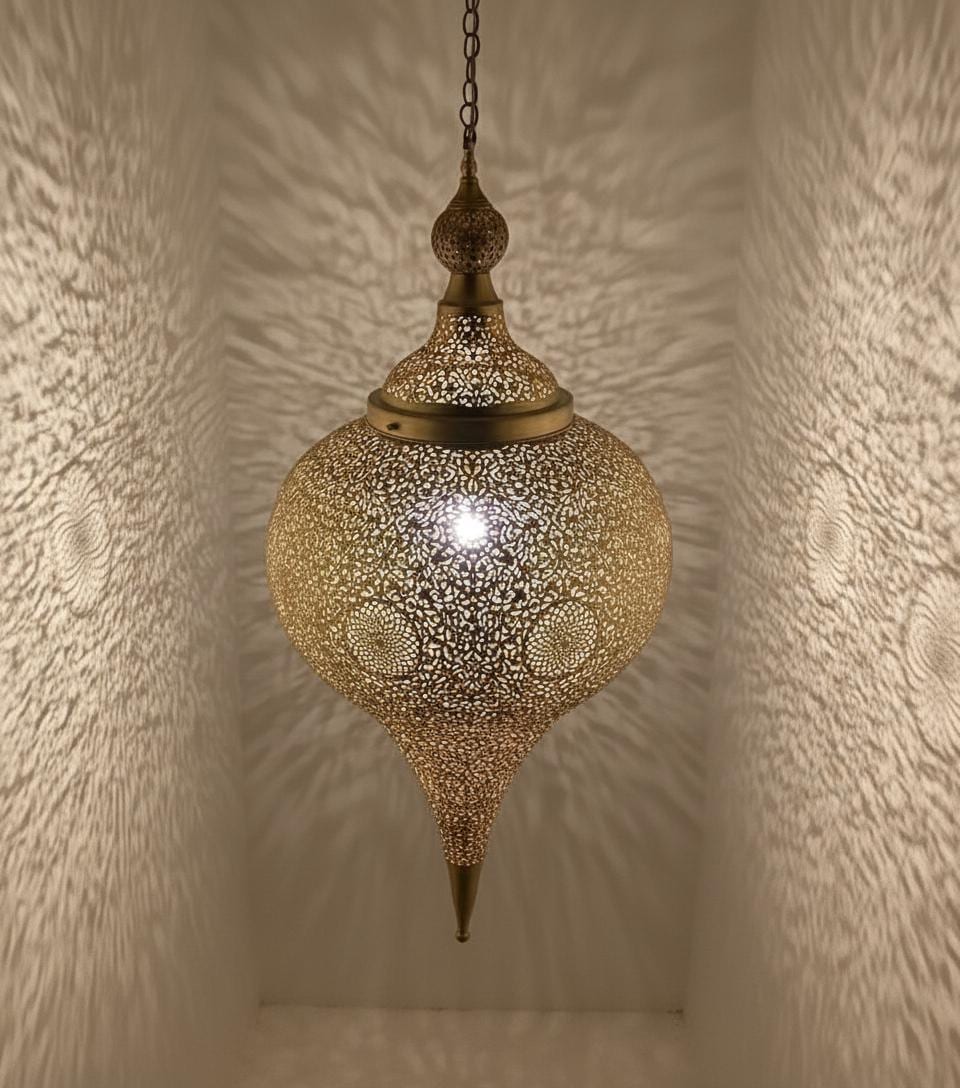 Handmade Moroccan Brass Pendant Light – Boho Hanging Lamp – Unique Ceiling Light for Living Room & Dining Room Decor –Boho Moroccan Lighting