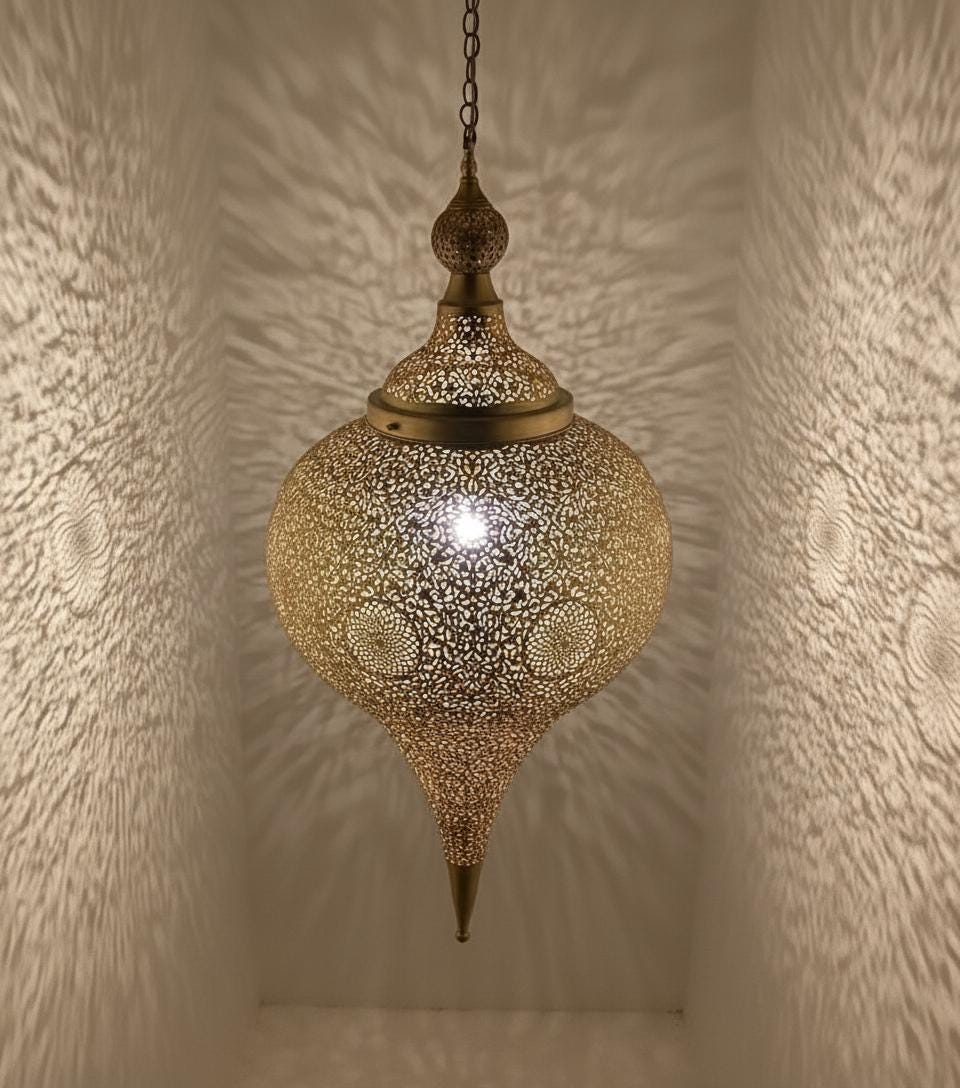 Handmade Moroccan Brass Pendant Light – Boho Hanging Lamp – Unique Ceiling Light for Living Room & Dining Room Decor –Boho Moroccan Lighting