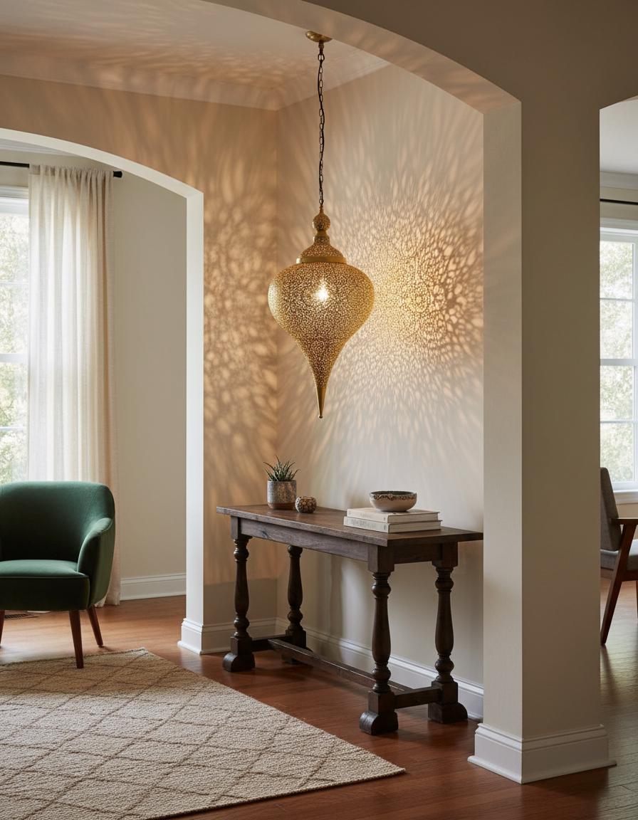 Handmade Moroccan Brass Pendant Light – Boho Hanging Lamp – Unique Ceiling Light for Living Room & Dining Room Decor –Boho Moroccan Lighting