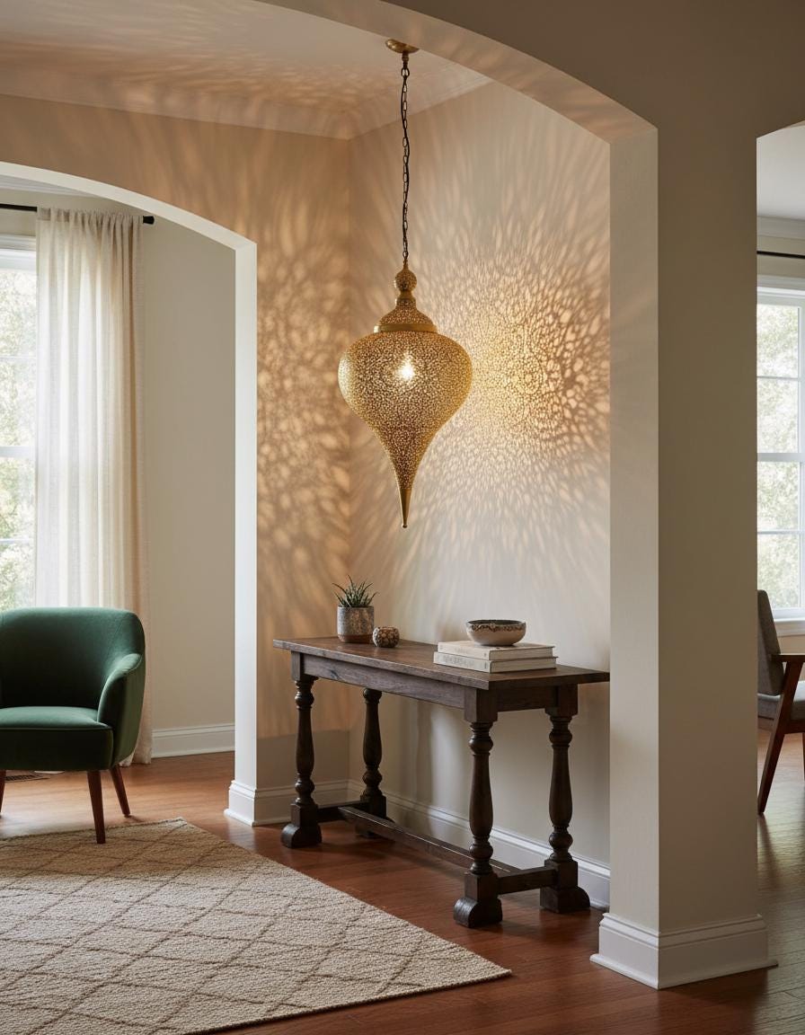 Handmade Moroccan Brass Pendant Light – Boho Hanging Lamp – Unique Ceiling Light for Living Room & Dining Room Decor –Boho Moroccan Lighting