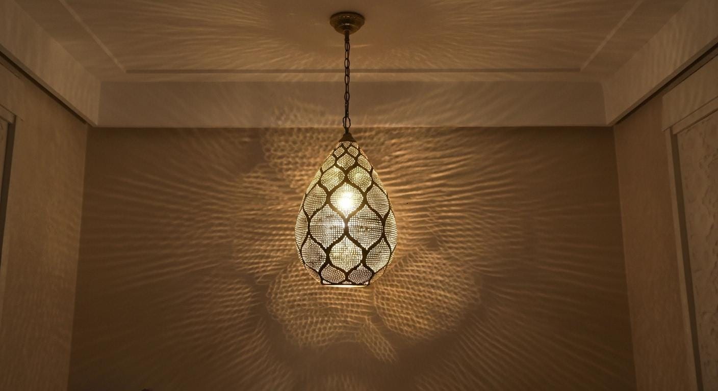 Moroccan Brass Pierced Lamp – Dome Hanging Ceiling Light Handmade by Artisans – Arabic Boho Pendant Light for Home Decoration