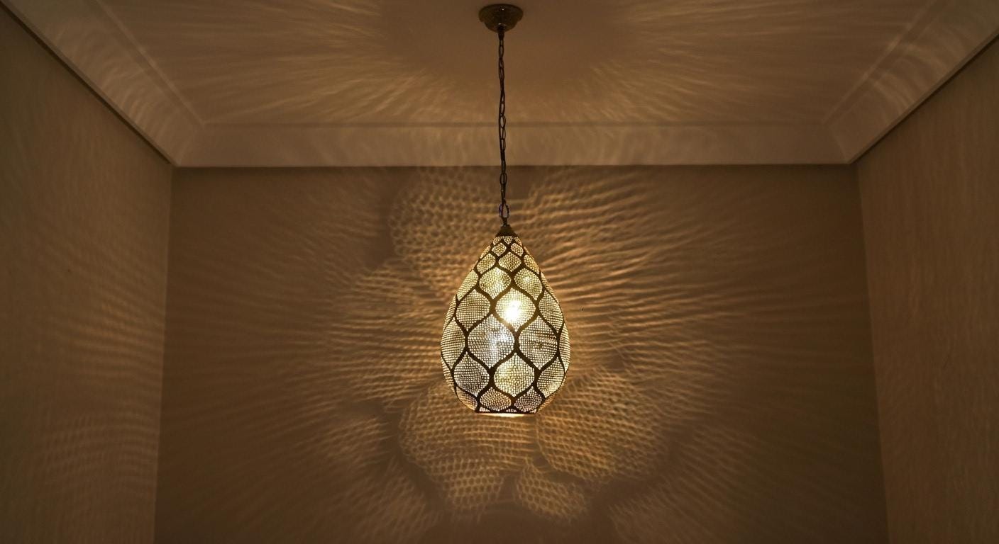 Moroccan Brass Pierced Lamp – Dome Hanging Ceiling Light Handmade by Artisans – Arabic Boho Pendant Light for Home Decoration