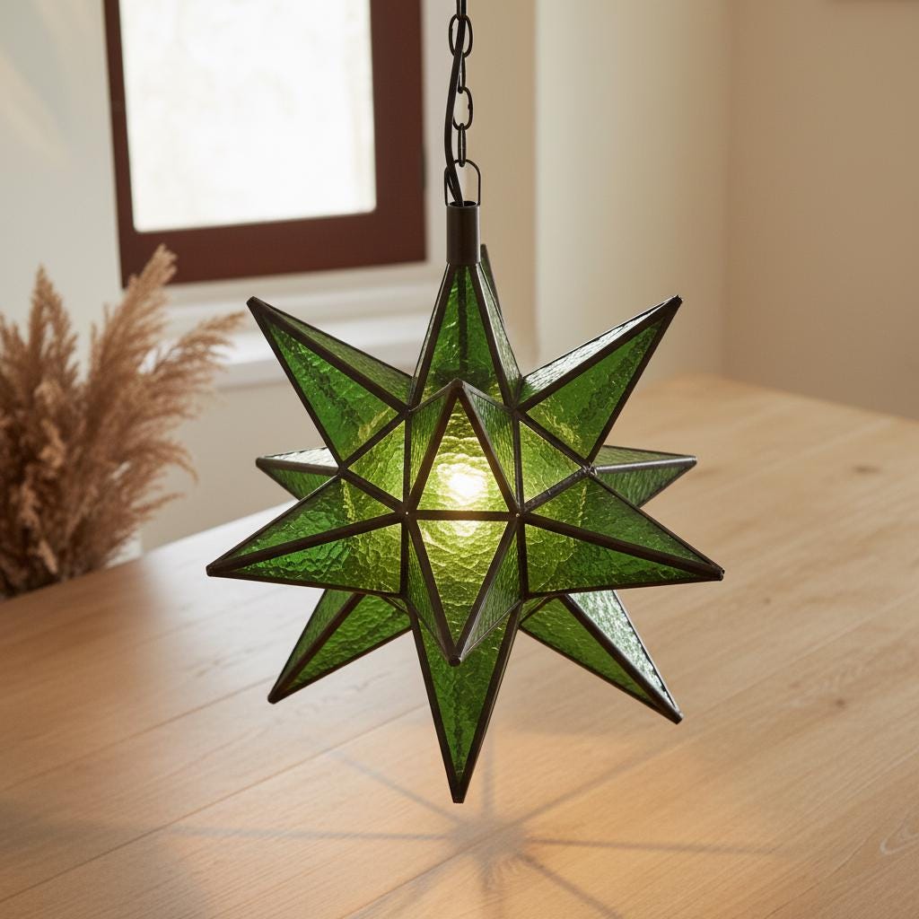 Handmade Green Moroccan Star Lantern ,Geometric Pendant Light Fixture,Artisan Moroccan Hanging Lamp for Home & Decor,Bronze Brass Chandelier