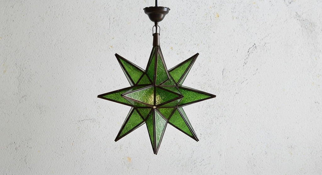 Handmade Green Moroccan Star Lantern ,Geometric Pendant Light Fixture,Artisan Moroccan Hanging Lamp for Home & Decor,Bronze Brass Chandelier
