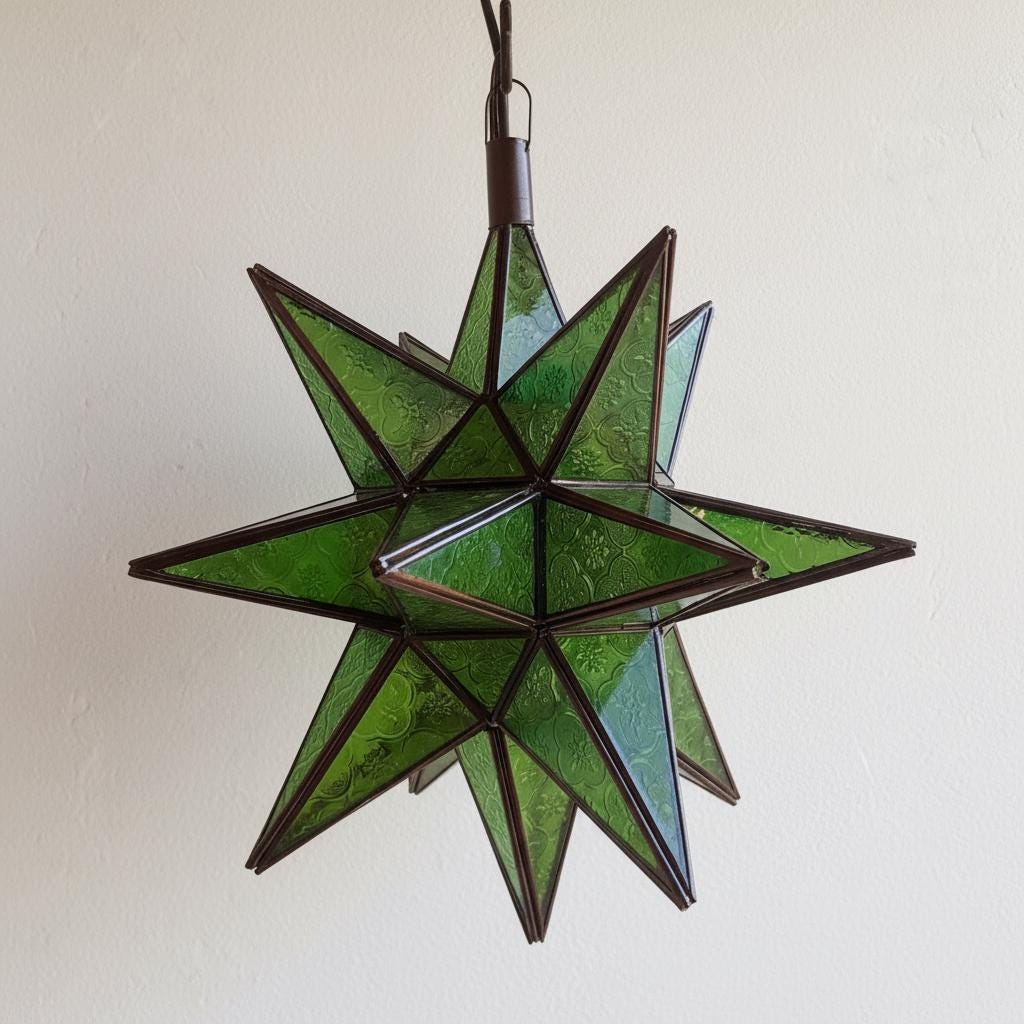 Handmade Green Moroccan Star Lantern ,Geometric Pendant Light Fixture,Artisan Moroccan Hanging Lamp for Home & Decor,Bronze Brass Chandelier