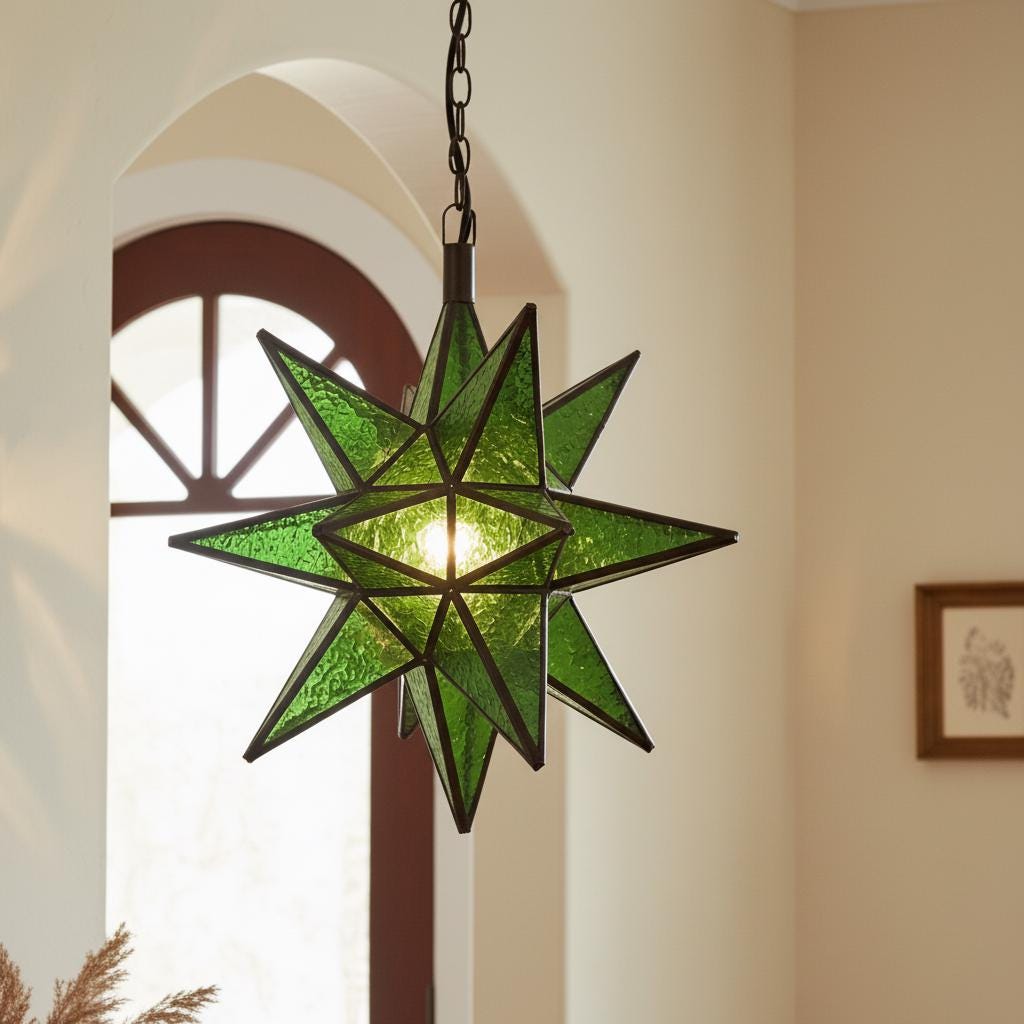 Handmade Green Moroccan Star Lantern ,Geometric Pendant Light Fixture,Artisan Moroccan Hanging Lamp for Home & Decor,Bronze Brass Chandelier