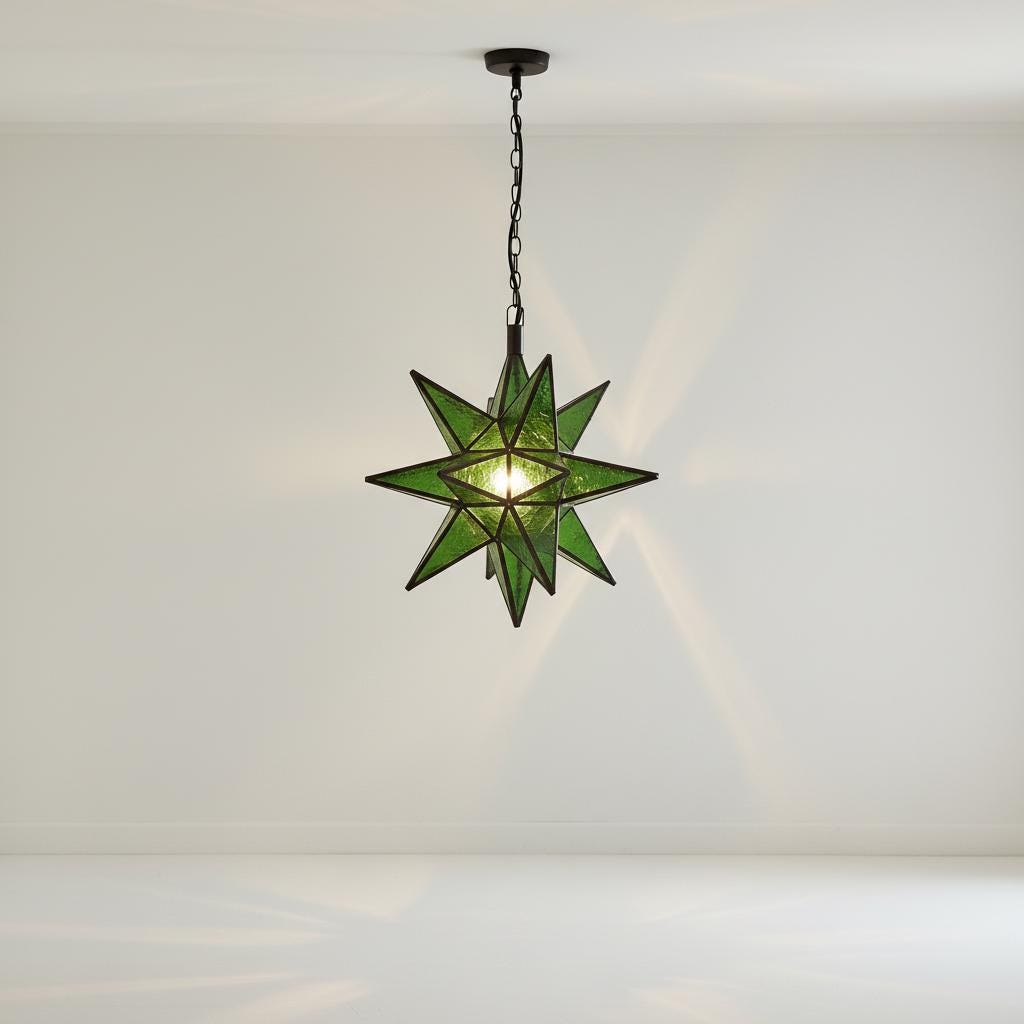 Handmade Green Moroccan Star Lantern ,Geometric Pendant Light Fixture,Artisan Moroccan Hanging Lamp for Home & Decor,Bronze Brass Chandelier