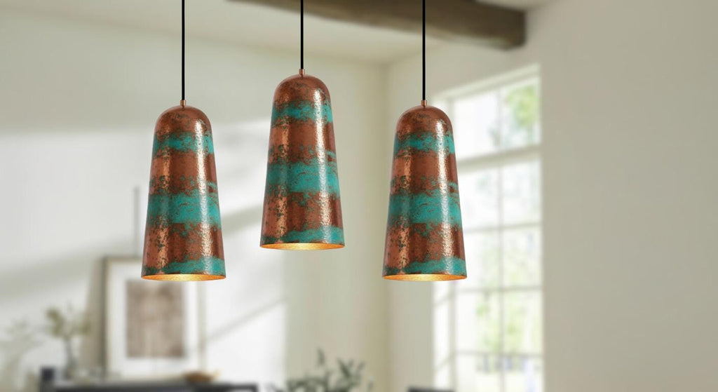 Handmade Green Patina Copper Pendant Light - Rustic Farmhouse Dome Lamp